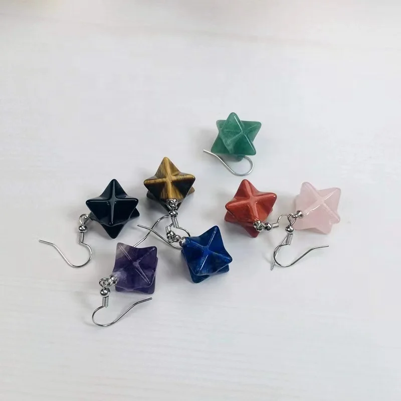 Wholesale Custom Polished Crystal Healing Stone Earrings Boho Jewelry Merkaba Star Raw Small Gemstone Earrings