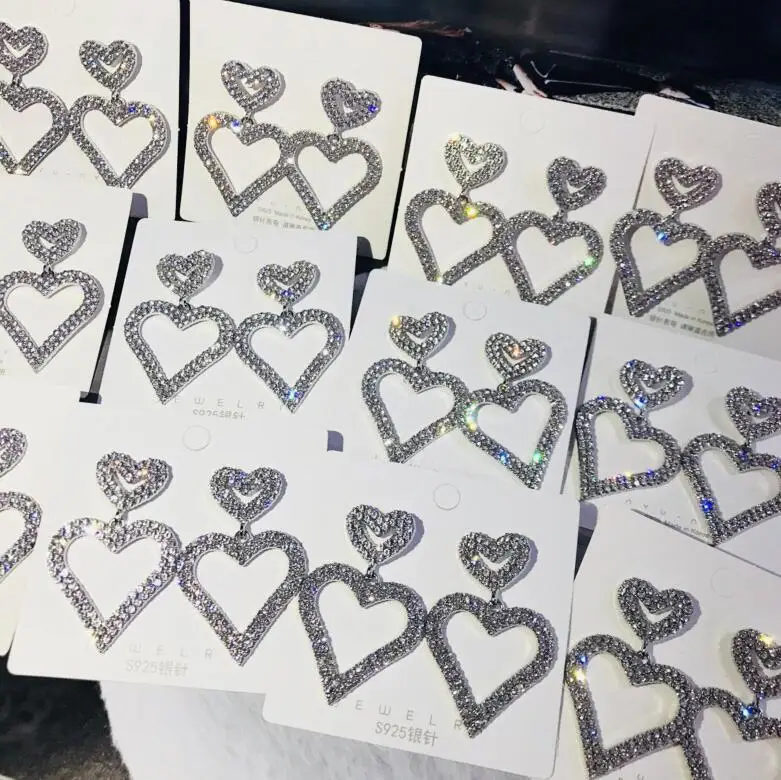 Fashion Exaggeration Diamond Earrings S925 Silvery Heart Earrings Temperament Joker Pendant Love Earring