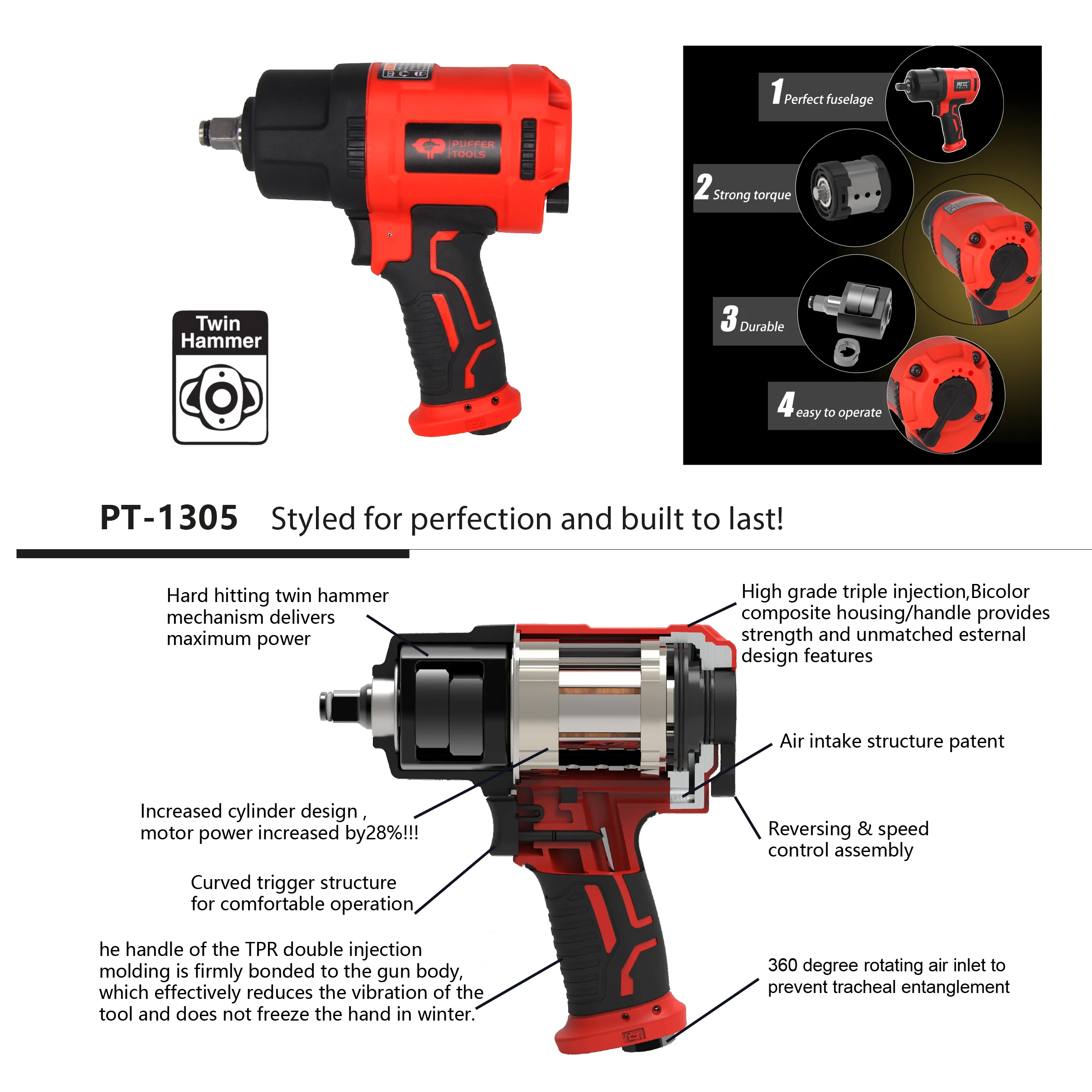 PT-1305LHYK High Quality 3/4 inch Drive 1850N.m Torque Pneumatic Air Impact Wrench Gun Kit with Impact Socket Set