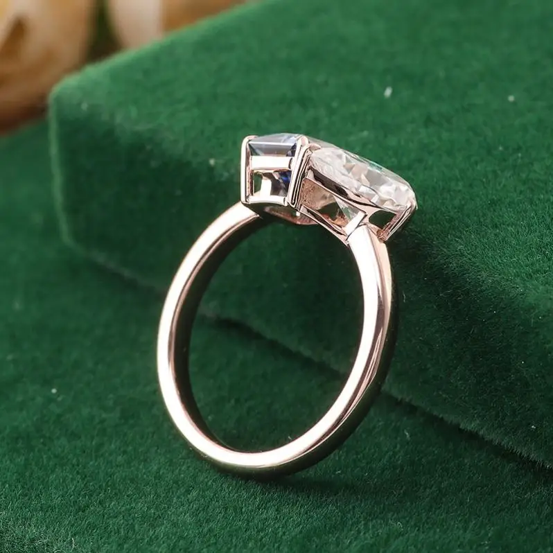 Custom 14k Rose Gold DEF Pear Cut Moissanite & 2ct Carat Radiant Cut Blue Grey Moissanite Double Diamond Wedding Ring For Bridal