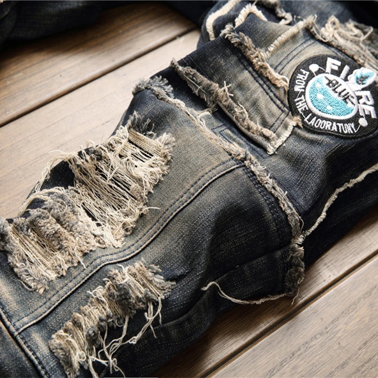  Мужские джинсы с вышивкой сильный узор эластичные штаны