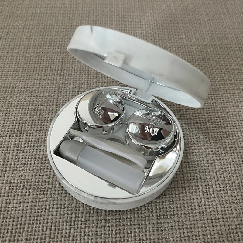 Round Fashion Marble Contact Lens Case, Portable Contact Lens Box Kit with Mirror