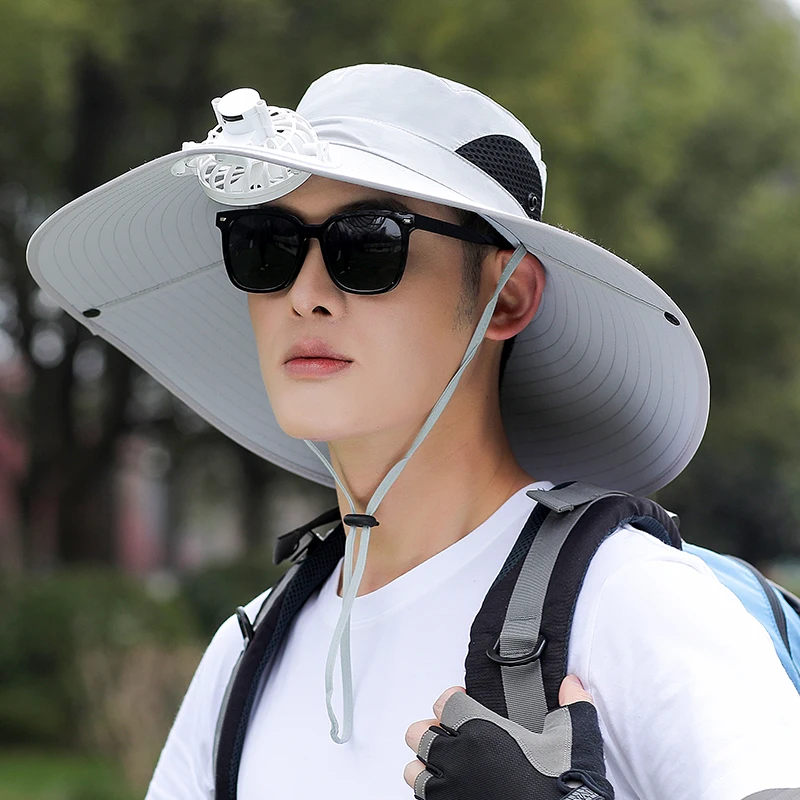 Mens Summer Large Brim Fishing Cowboy Hats Large Brim UV Protection Bucket Hat Outdoor Hiking Breathable Fisherman Hat with Fan
