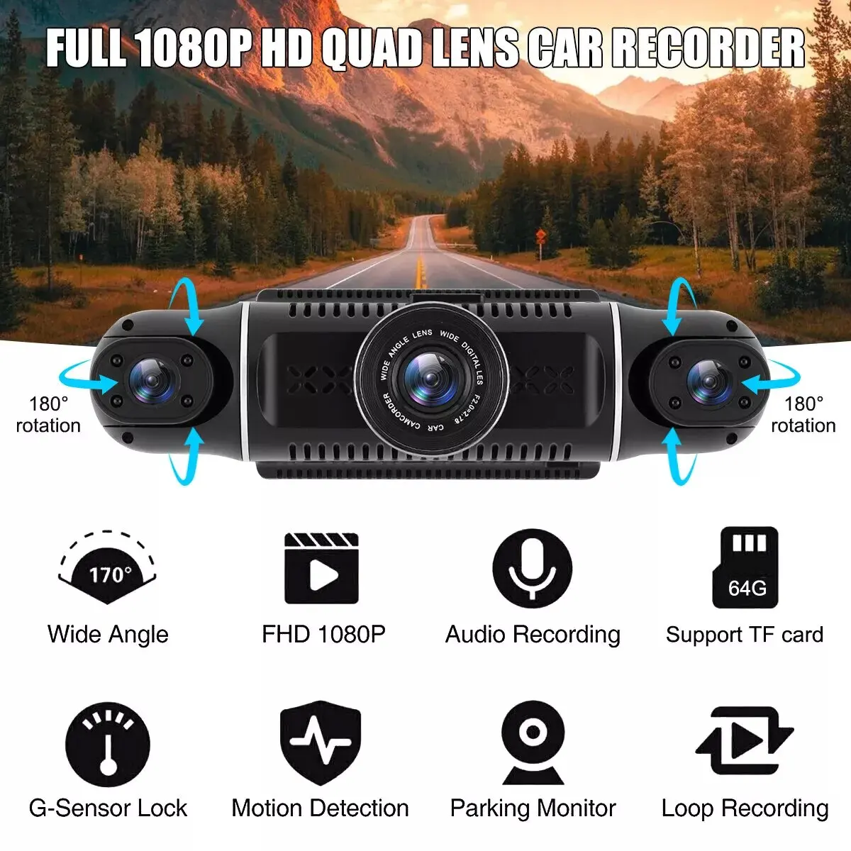360 градусов видеорегистратор Azdome передний и внутренний 4-канальный 1080P Wi-Fi Голосовое управление ночное видение