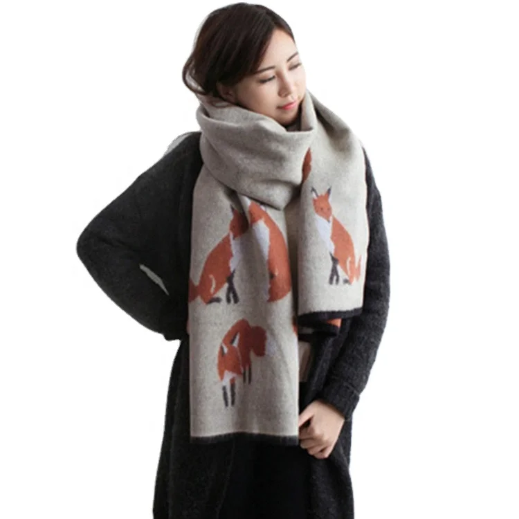 Little fox Winter cashmere scarf Reversible shawl Thermal bib Jacquard scarf for women
