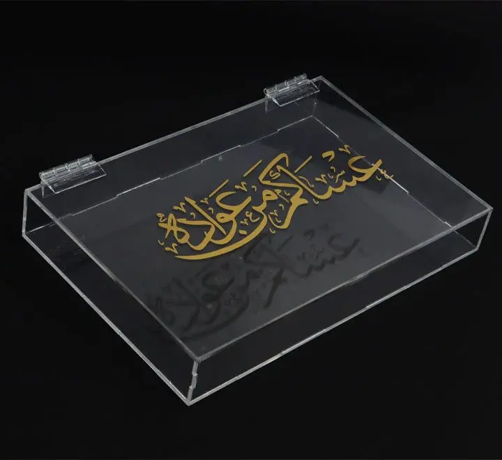 Modern Clear Acrylic Customised Eid Mubarak Box Rectangle Acrylic Snacks Serving Tray for display only