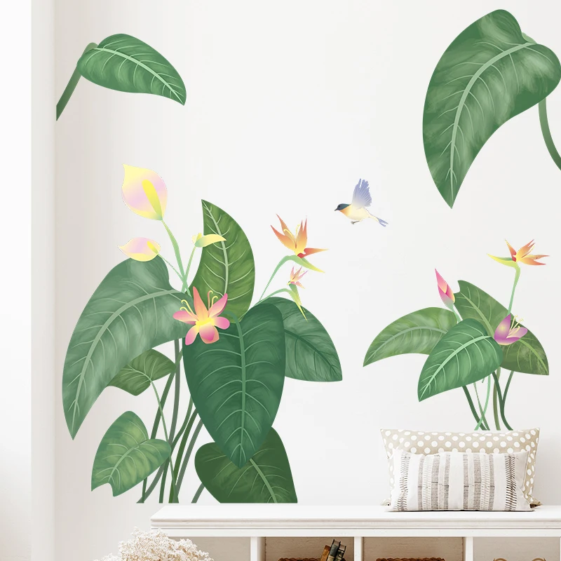Tropical green plants leaves flowers bedroom living room porch home wall decoration wall stickers self-adhesive