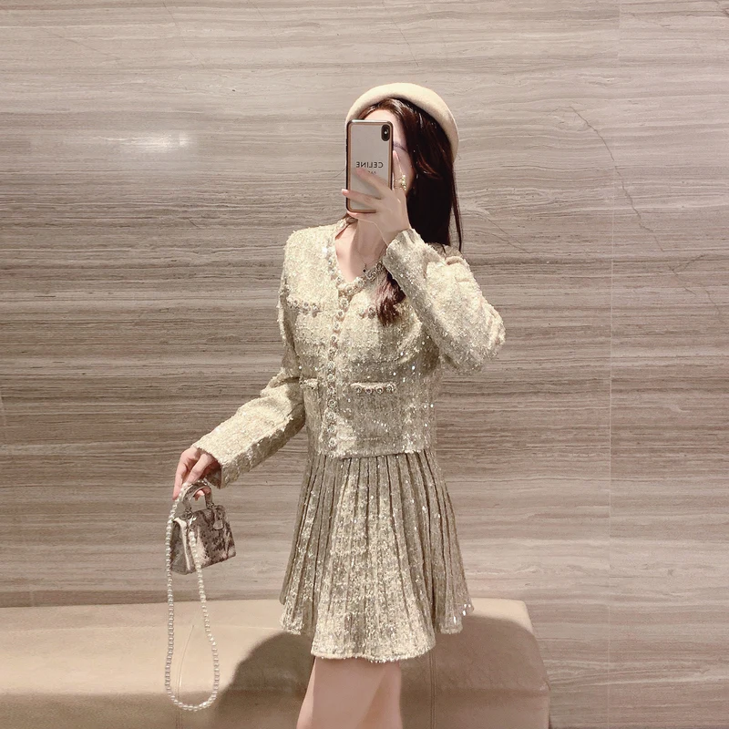 Celebrity Temperament Small Fragrance Short Coat Set Autumn New Pleated Skirt Heavy Work Two Piece Set SR70110139