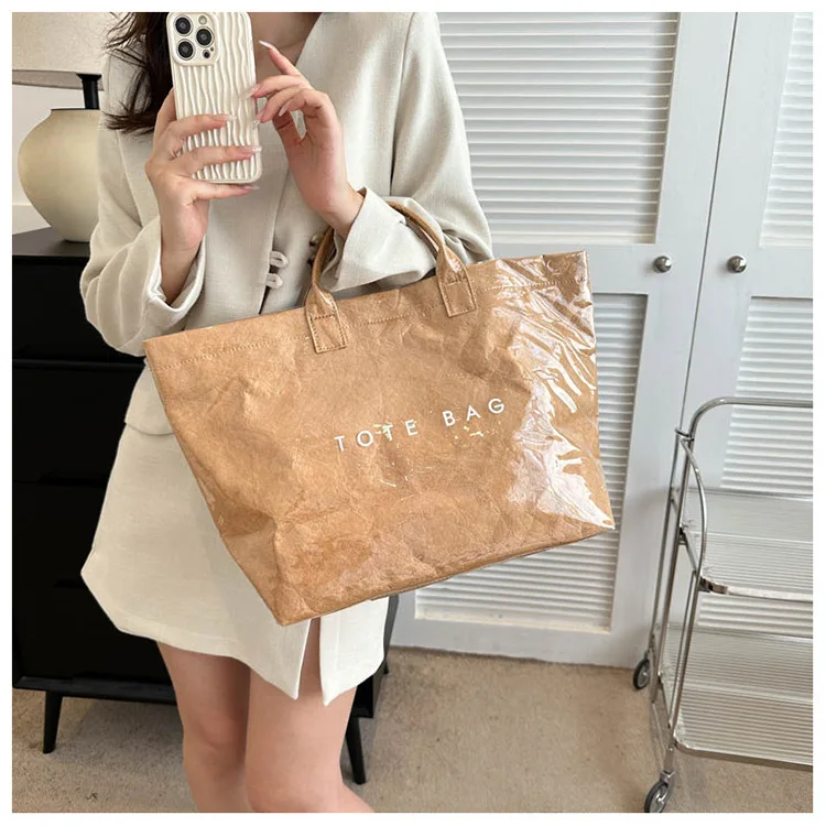 New Arrival Custom Fashion Vintage Dupont Kraft Paper Tyvek Tote Bag Big Capacity Commuting Kraft Paper Shopping Handbag