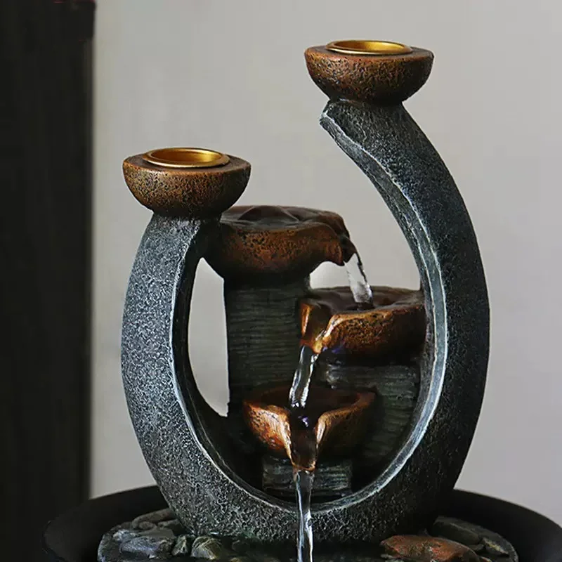 Wholesale Fengshui Tabletop Water Fountains Indoor Relaxation Waterfall Fountain With Candle Holder and Light For Home Decor