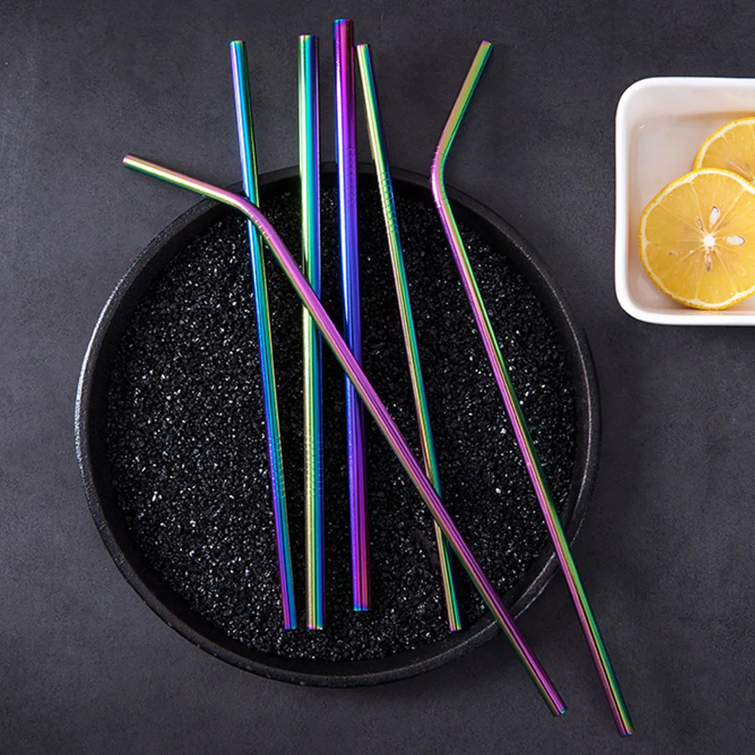 Rose Gold Rainbow 304 Stainless Steel Metal Drinking Reusable Straws Cleaning Brush Kit Box Case