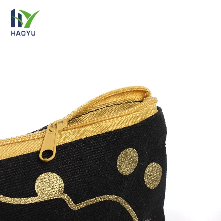 custom gold printing canvas makeup bag with zipper