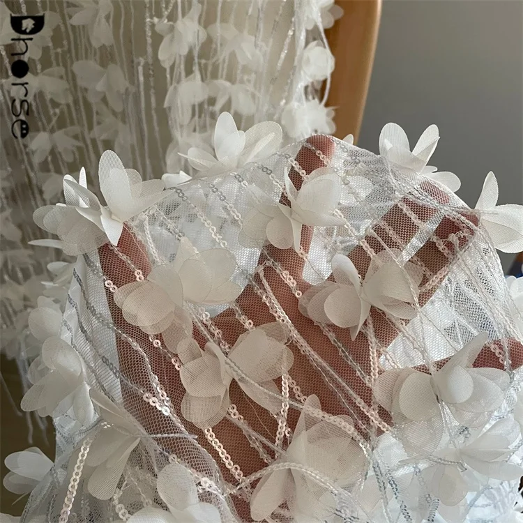 New shiny sequin tassel fringe embroidery fancy white 3d floral lace fabric for wedding gown