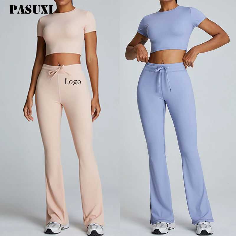 PASUXI Wholesale Quick Dry Flare Bottoms Womens Workout Sets Short Sleeve Two Pieces Yoga Fitness Suit