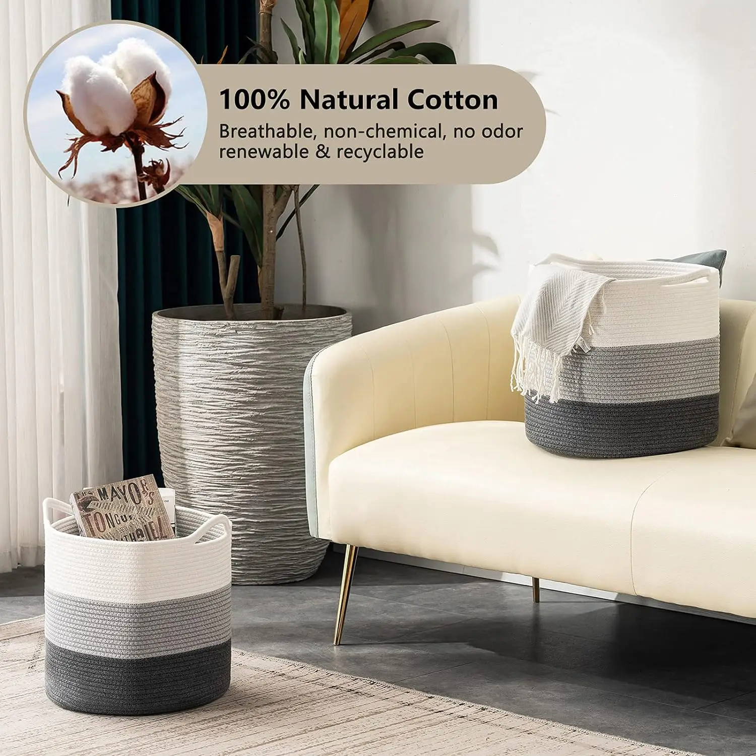 Top Sale 2 Pack Large Woven Rope Laundry Basket with Handle, Cotton Rope 13x13x13 Storage Baskets, 2 Pack Storage Basket