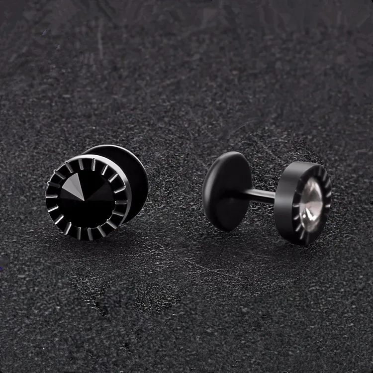 Black Punk Crystal Cubic Zircon Round Earring Stud Screw Back Dumbbell Barbell Earrings Fake plugs Jewelry for Men Women