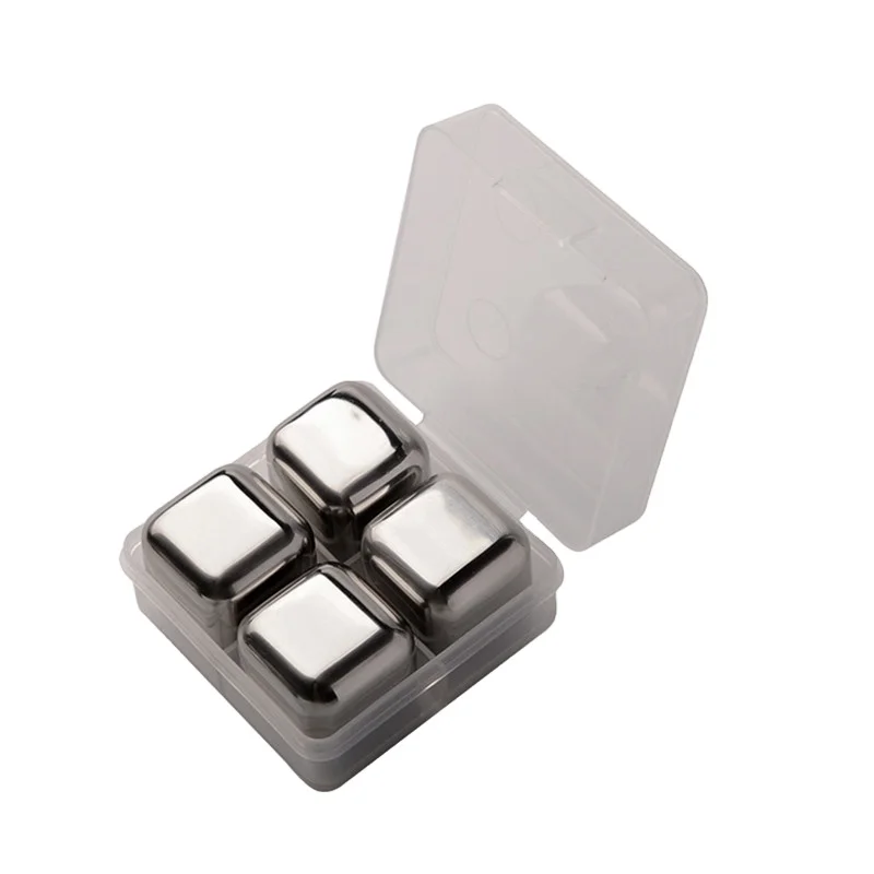 Customized Reusable 4 Tongs Cooler Chilling Rocks Steel Ice Cubes 304 Stainless Whiskey Stone Gift Set With Plastic Box