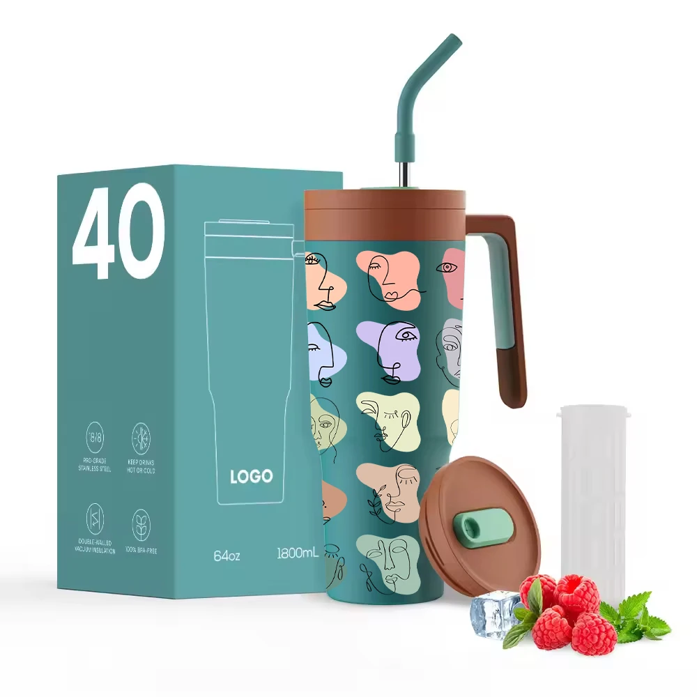 Stainless Steel 40 oz Vacuum Insulated Cup Tumbler with Handle and Fruit Infuser with Lid & Straw