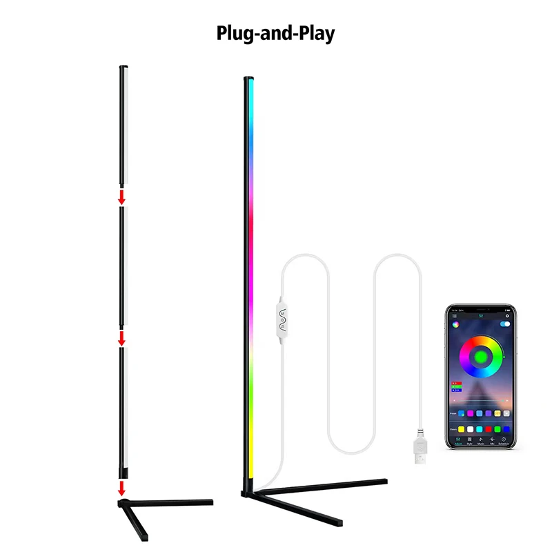 Волшебная музыка, изменение цвета RGB, Напольная Лампа с приложением и дистанционным управлением, 16 миллионов цветов, эффекты, музыка, синхронизация RGB, угловая напольная лампа
