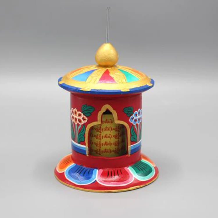 Handcrafted Painted Wooden Desktop Prayer Wheel With Traditional Tibetan Decoration