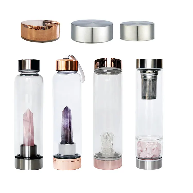 Custom Logo Rose Quartz Borosilicate Glass Gemstone Crystal Water Bottle