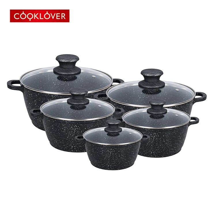 cooklover 10pcs die-casting aluminum non-stick marble coating cookware pan set