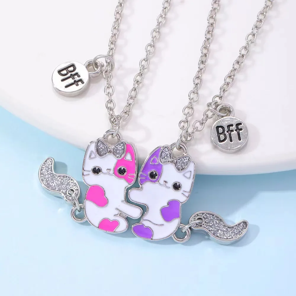 2pcs Friendship Sequin Magnets Attract Necklaces Party Holiday Gift Cute Cartoon BFF Rhinestone Cat Pendant Necklace For Girls