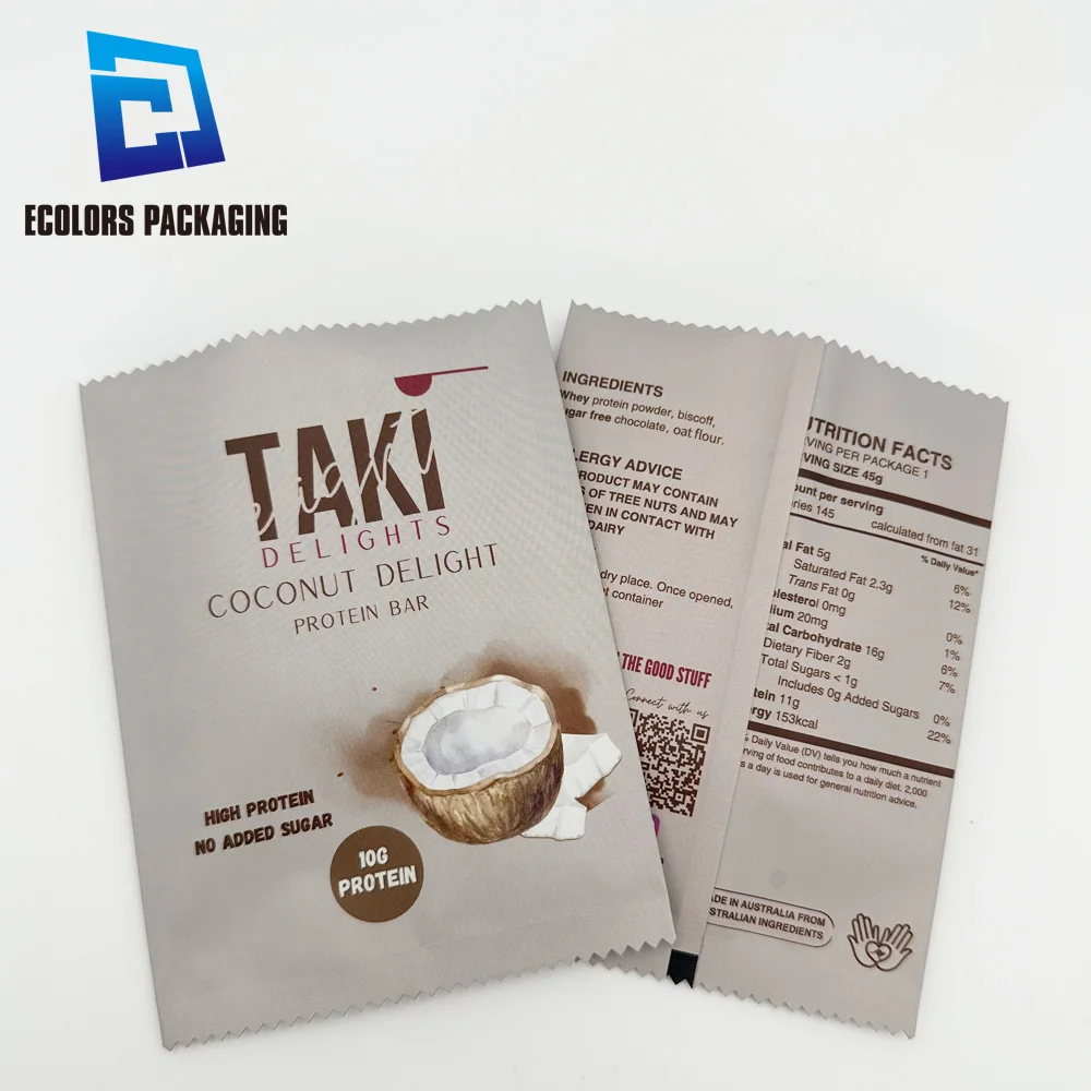 customized food grade chocolate protein bar plastic mylar 3 side seal pouch sachet plastique hot sealing frosted bag