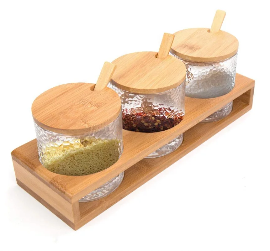 Kitchen Storage Organizer Wooden Condiment Container Seasoning Box Set Bamboo Spice Rack Storage Holders For Organizer