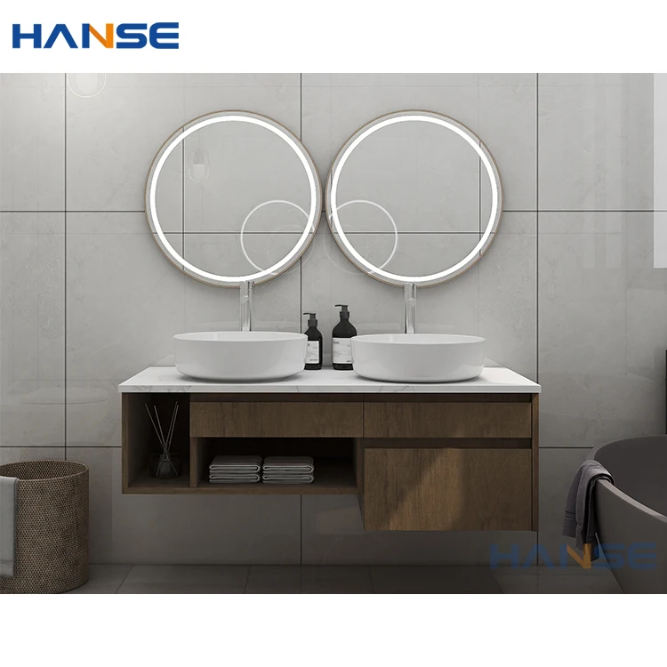Luxury wall mounted floating mdf wooden panel bathroom vanity cabinet design with waterproof led mirror and ceramic sink basin