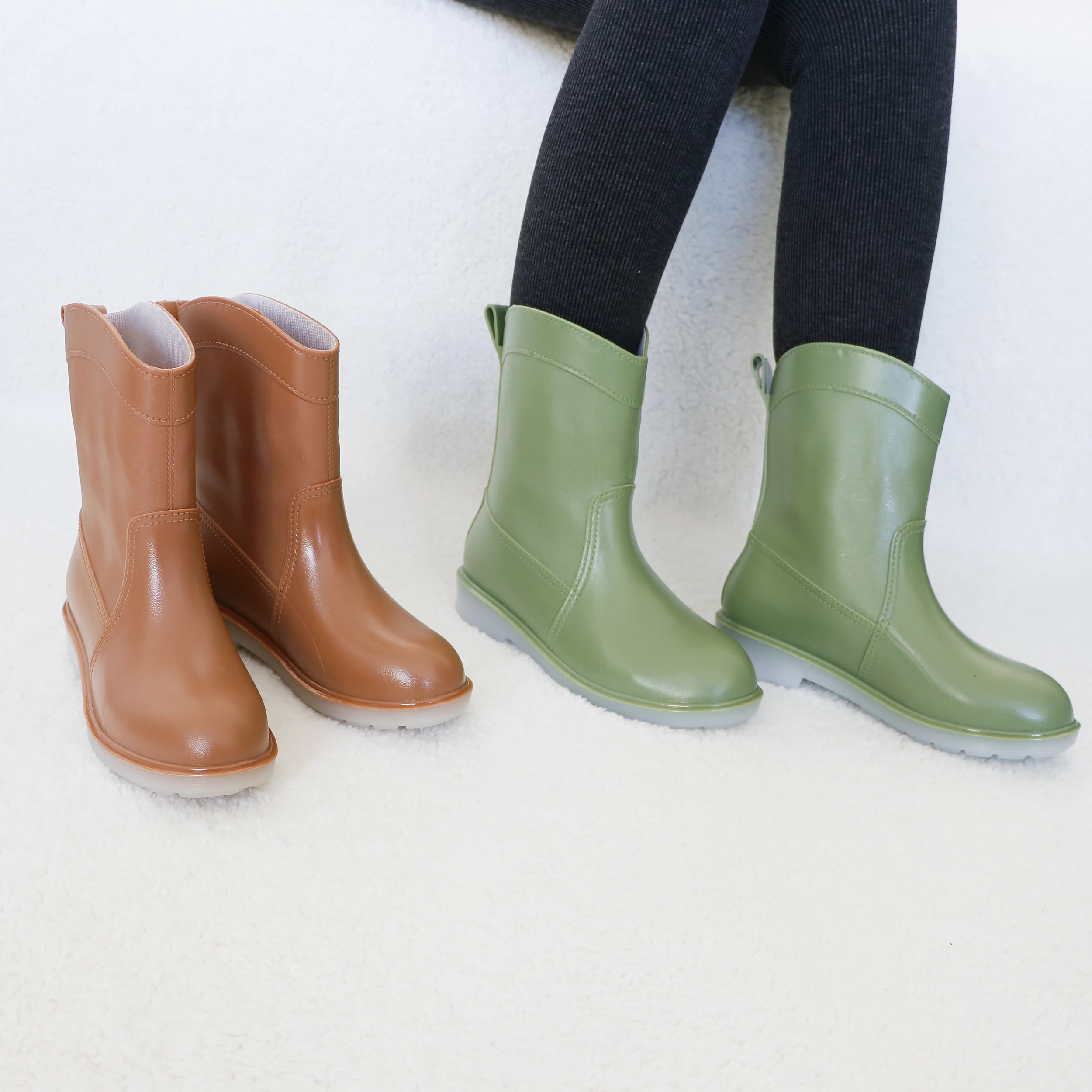 Оптовая продажа, ПВХ водонепроницаемая обувь для взрослых, водонепроницаемые сапоги на низком каблуке для девушек и женщин