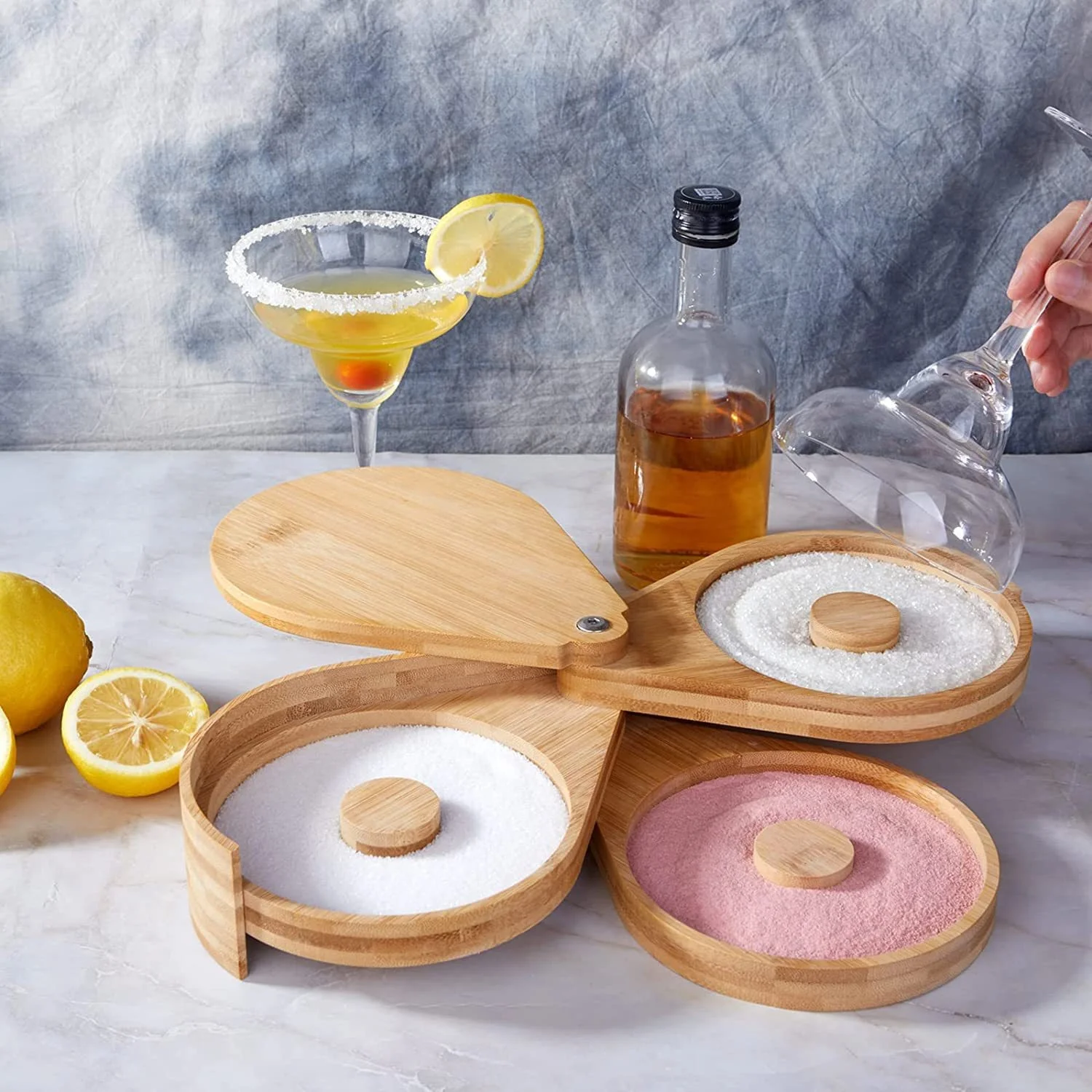 3-Tier Bamboo Margarita Glass Rimmer Disposable Juice Cocktail Seasoning Box for Home Bar Salt Sugar Container Bartender Tool