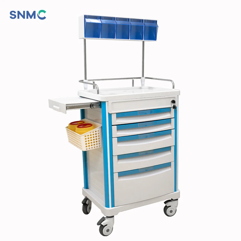Medical hospital anesthesia cart hot sale abs Treatment Trolley helpful and easy crash cart manufacturer with 5 drawers price