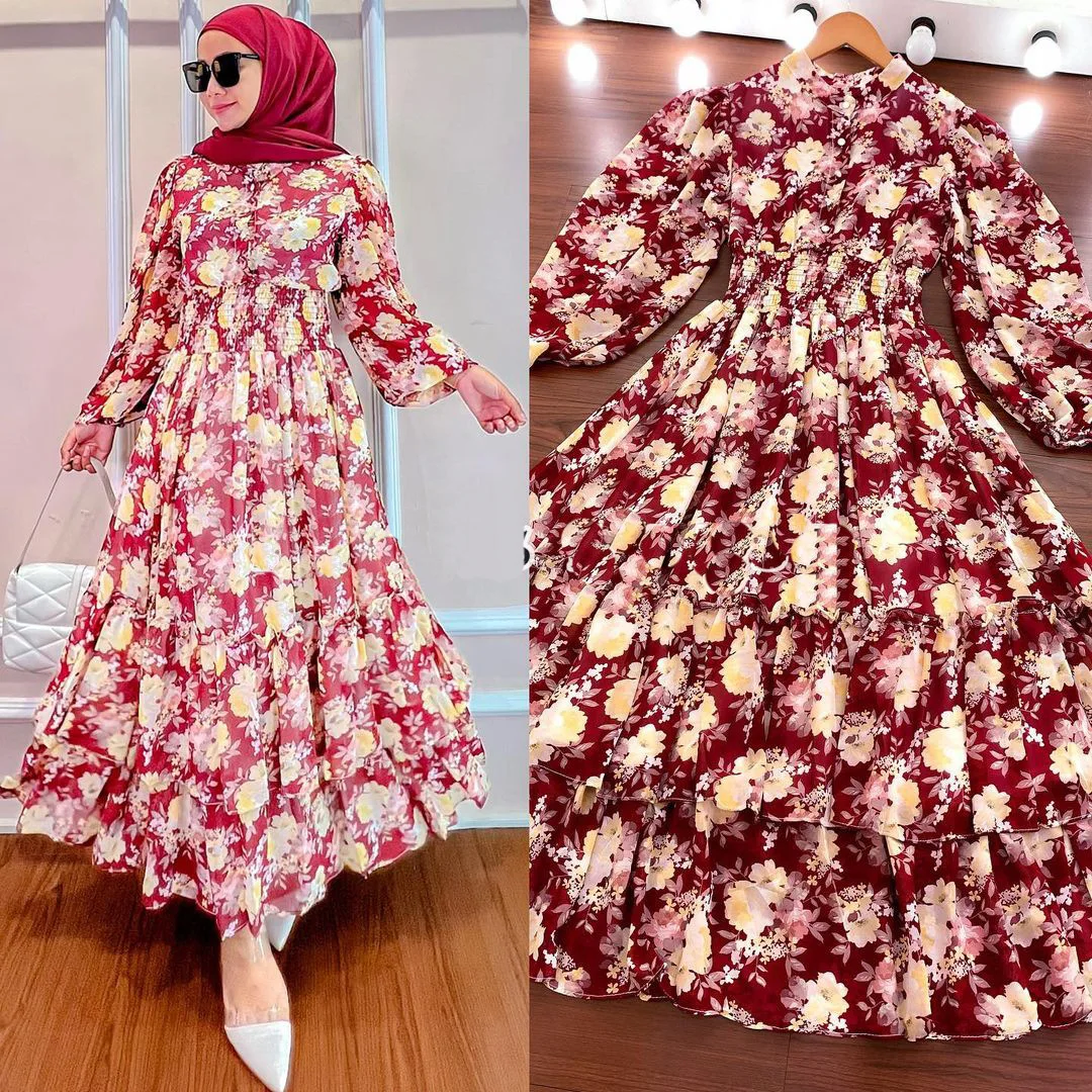 New Abaya Dubai Flower Printed Long Sleeve Maxi Colorful Dress Fashion Modern Moroccan Dress Kaftan Tradition Muslim Dress