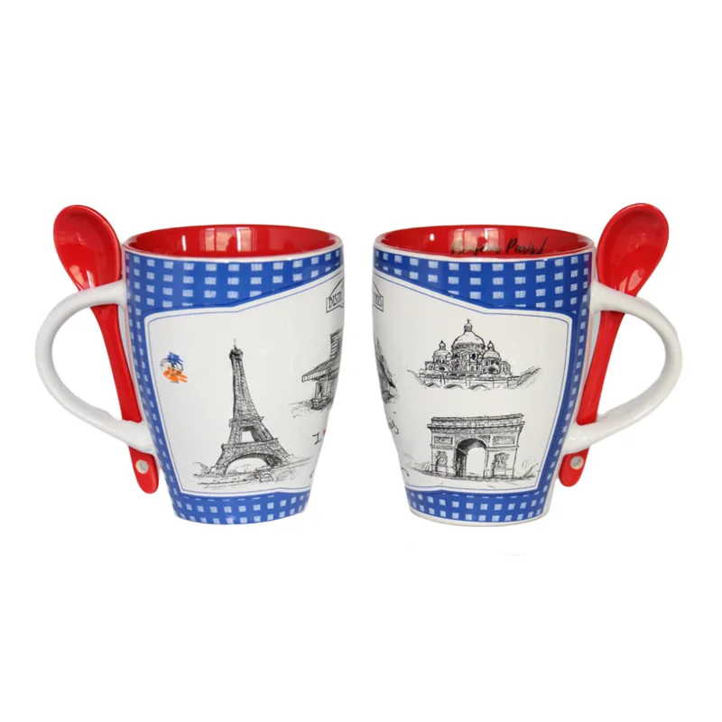 Custom Design Souvenir Elegant Eiffel Tower Ceramic Mug Perfect for Paris Travel Gift Unique Coffee Cup Set with Spoon