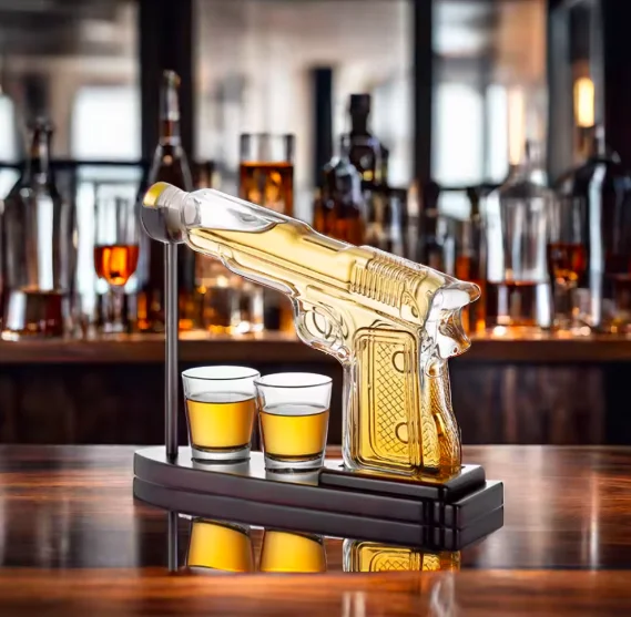 Tequila Vodka Liquor Glass Pistol Revolver Gun Whiskey Glasses Set Decanter Bottle Dispenser with 2 Shot Glasses