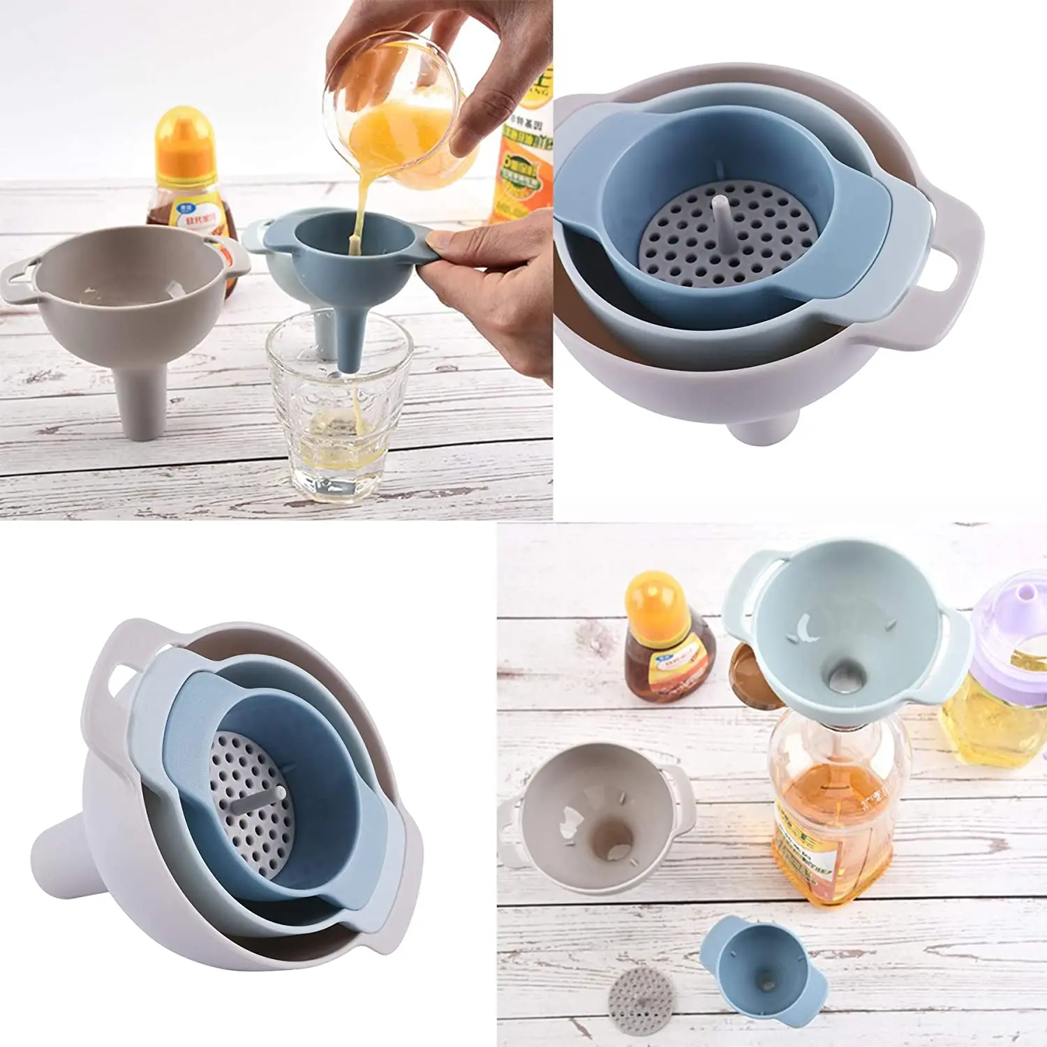Kingwise 4 in 1 Food level Nested Kitchen Plastic Oil Funnel Set with Removable Filter for Injection Filtration Funnel Use
