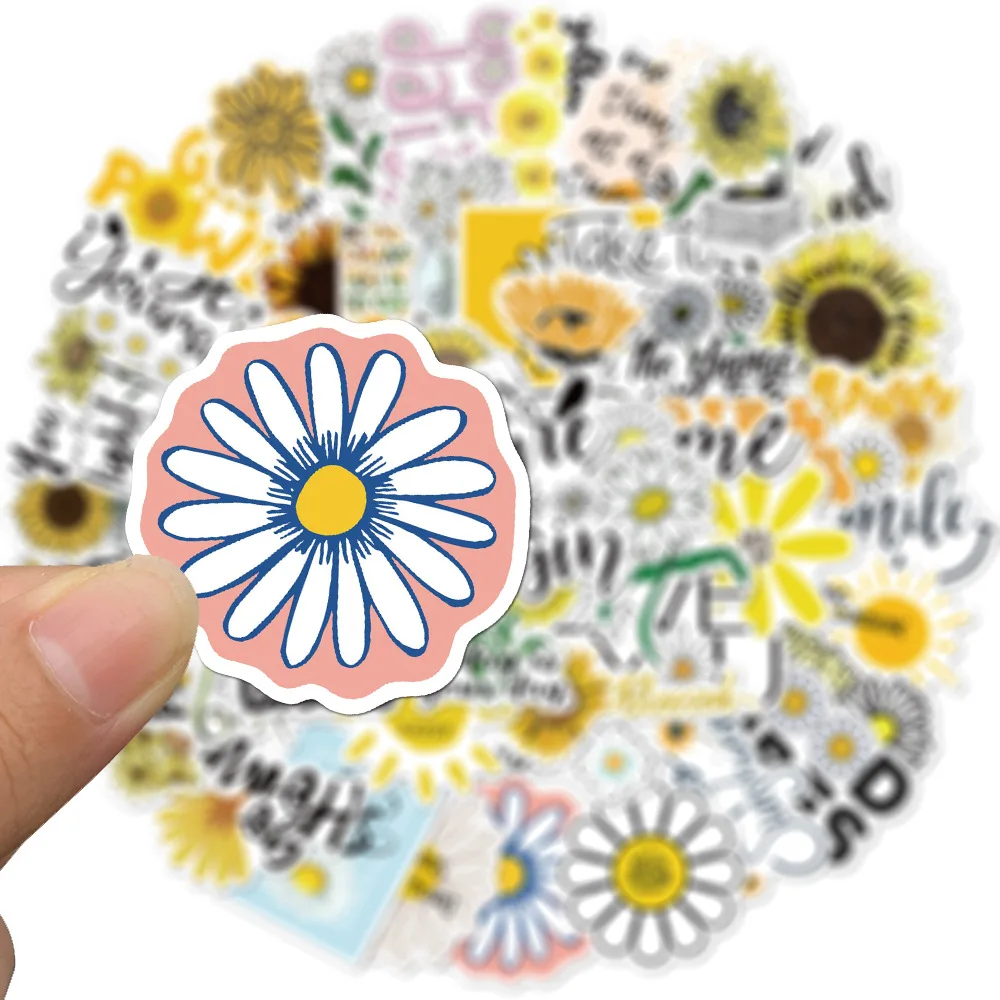 50pcs/bag Daisy flowers with Inspirational Words in English stickers alphabet Waterproof PVC Vinyl Removable Stickers for kids