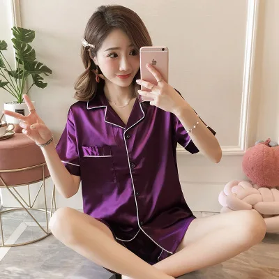 
Summer Womens Silk Satin Pajamas Set Two-Piece Pj Sets Sleepwear Loungewear Button-Down Pj Sets 