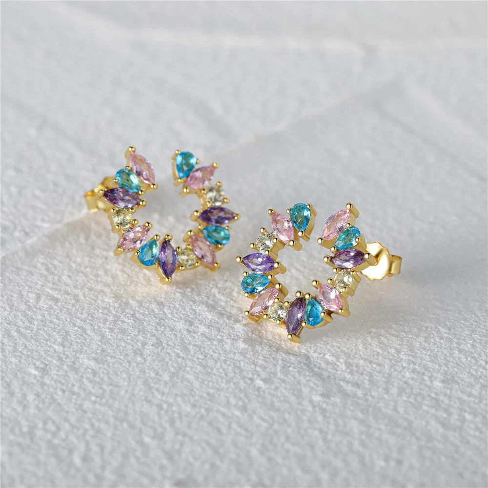 Fashion Jewelry Earrings 18K Gold Plated Diamond Silver Korean Colored Zircon Stud Earings Women