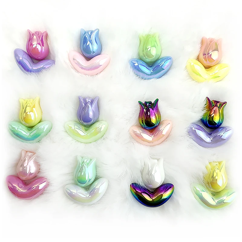 SOJI Hot Sale macaron color plastic pendants loose spacer beads acrylic UV tulip flowers beads for Bracelets Jewelry Making