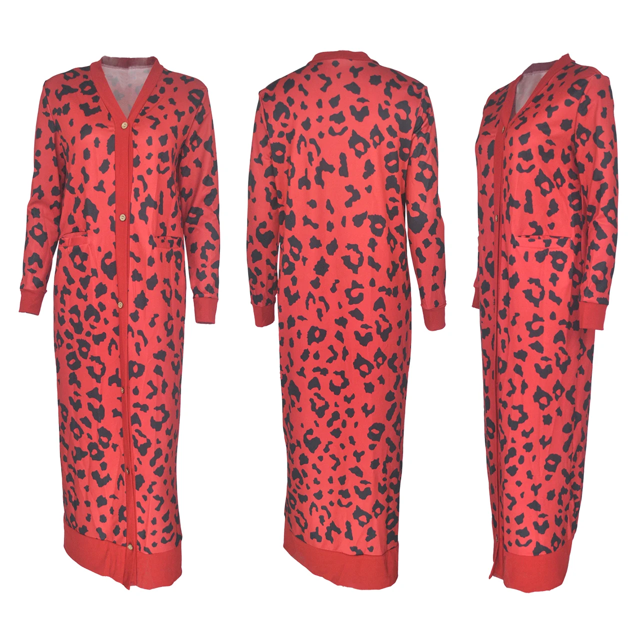 Autumn Big Size Knit Pint Slim Leopard Print Long Winter Coats For Ladies
