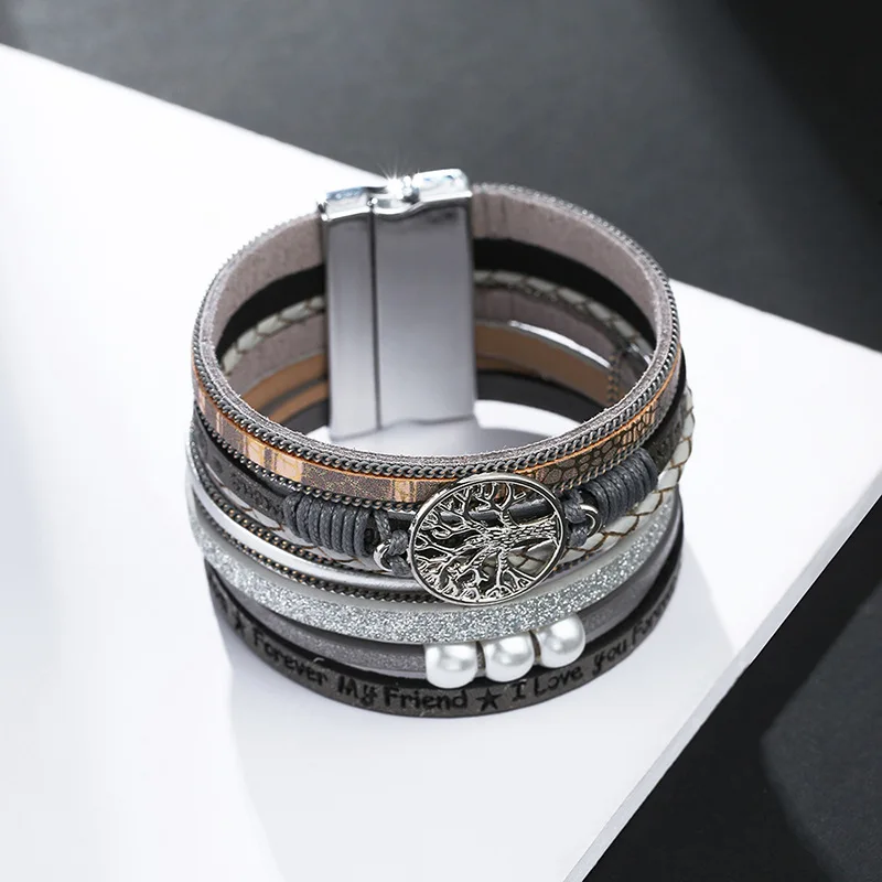 Wholesale Copper Tube Magnetic Buckle Multilayer Life Tree Leather Bracelet Jewelry For Women