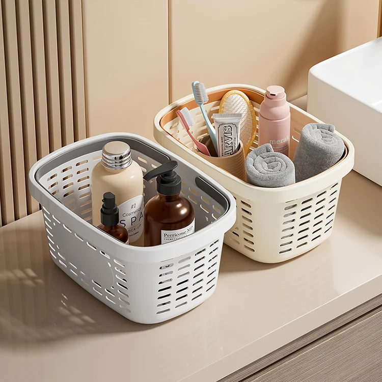 Portable small white plastic laundry shower caddy picnic food organizer storage basket with handle holes