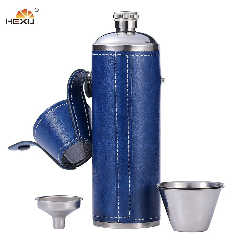 Stainless Steel Cylinder 10oz  Hip Flask Leather Wrapped  Cylindrical Hip Flask with Cup