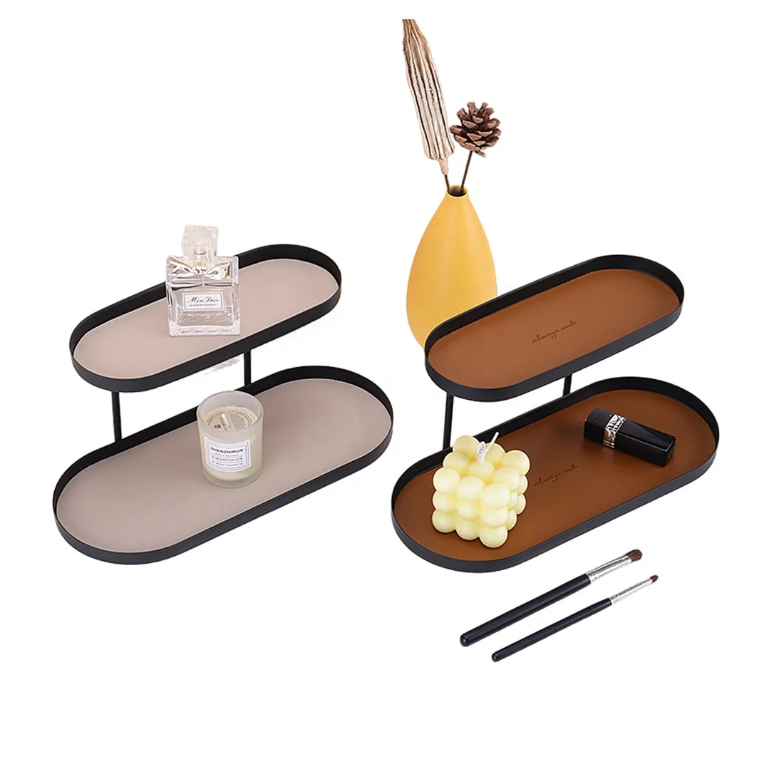 Iron art Leather Makeup Vanity Box Home Decor Desks Artificial Flower Key Cosmetics Holder Double Layer Perfume Storage Rack