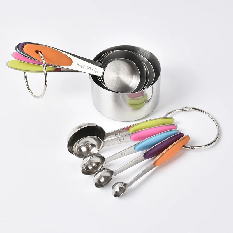 Набор кухонных мерных чашек и ложек из нержавеющей стали с силиконовой ручкой