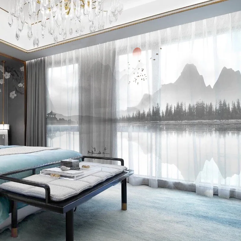 Wholesale Chinese Design 3D Digital Printed Grommet Window Curtain Drapes  Living Room 100% Polyester