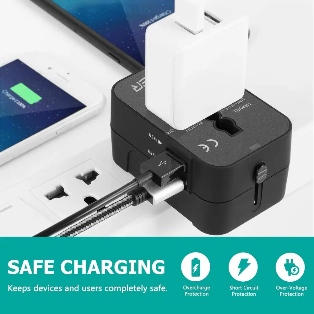 Британский Универсальный адаптер для путешествий штепсельная Вилка с 2 usb портативным зарядным устройством