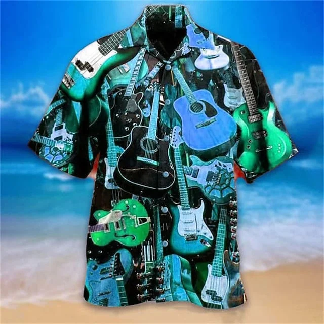 New Style Print Short Sleeve Compression T-shirts Popular Design Instrument Guitar Pattern Polyester Beach Shirt Hawaiian Shirts